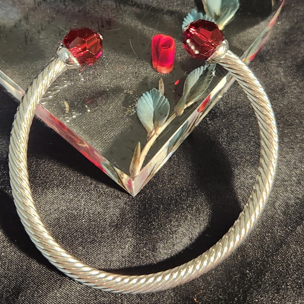 Touchstone Silver BANGLE W/Red Swarowski Crystal Cuff Bracelet, Adjustable